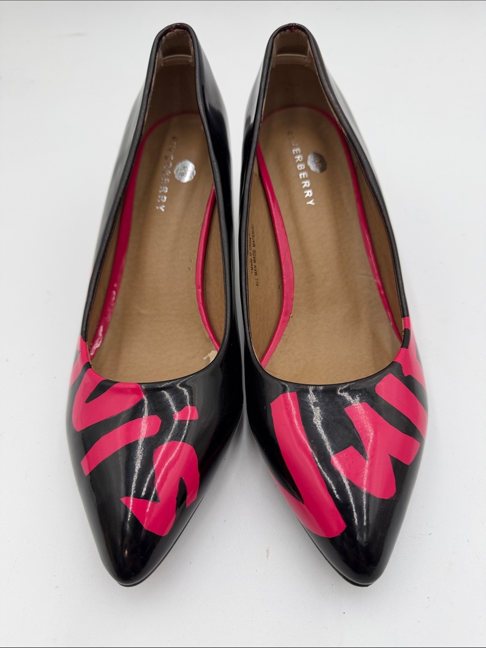 Black Pointed-Toe Heels with Pink Script